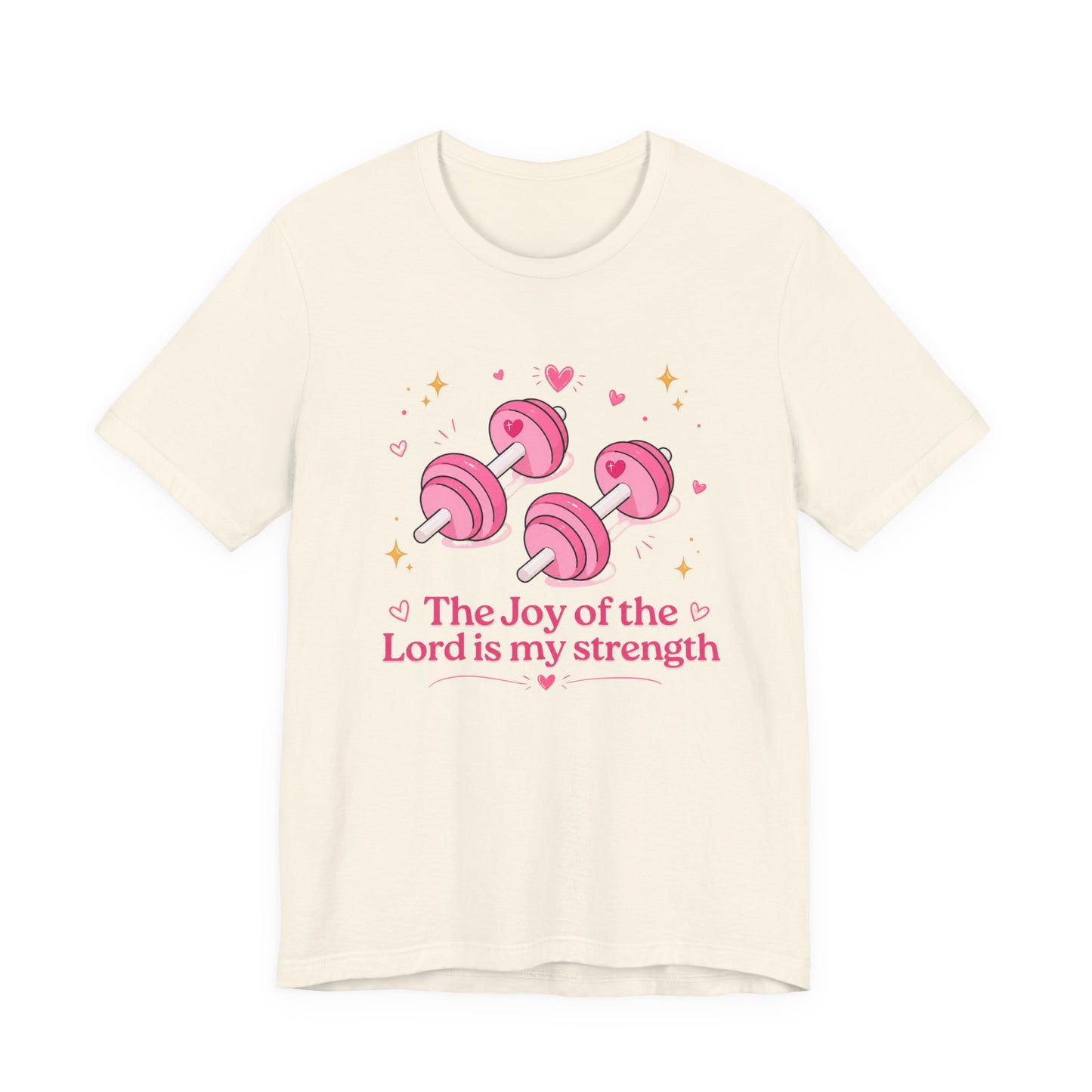 Christian Fitness T-Shirt — “The Joy of the Lord is My Strength” Pink Dumbbells Tee