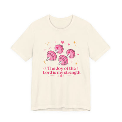 Christian Fitness T-Shirt — “The Joy of the Lord is My Strength” Pink Dumbbells Tee