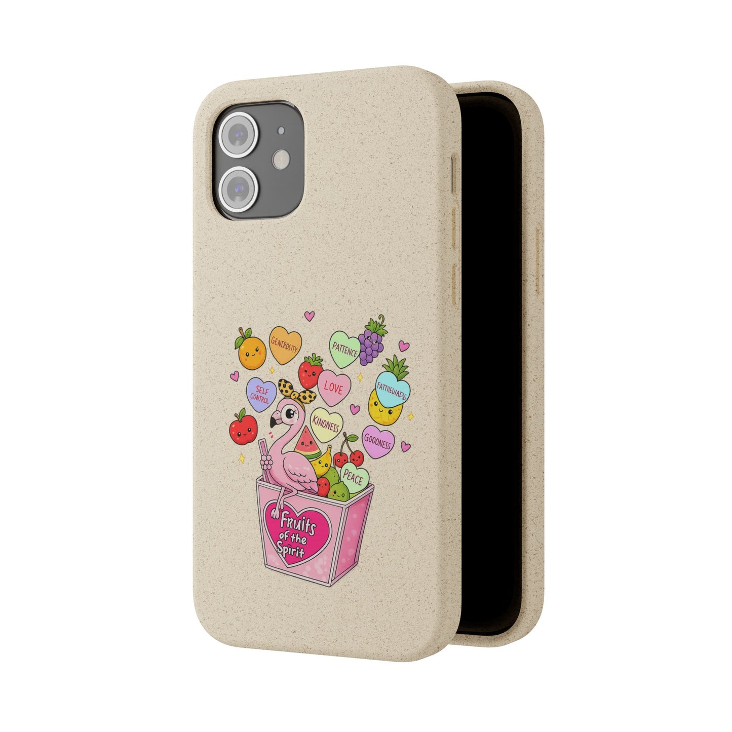 Biodegradable Phone Case — Cute Flamingo & Fruit Hearts "Fruity Love" Eco-Friendly iPhone Cover