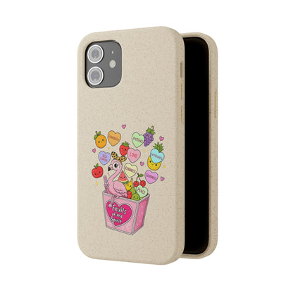 Biodegradable Phone Case — Cute Flamingo & Fruit Hearts "Fruity Love" Eco-Friendly iPhone Cover