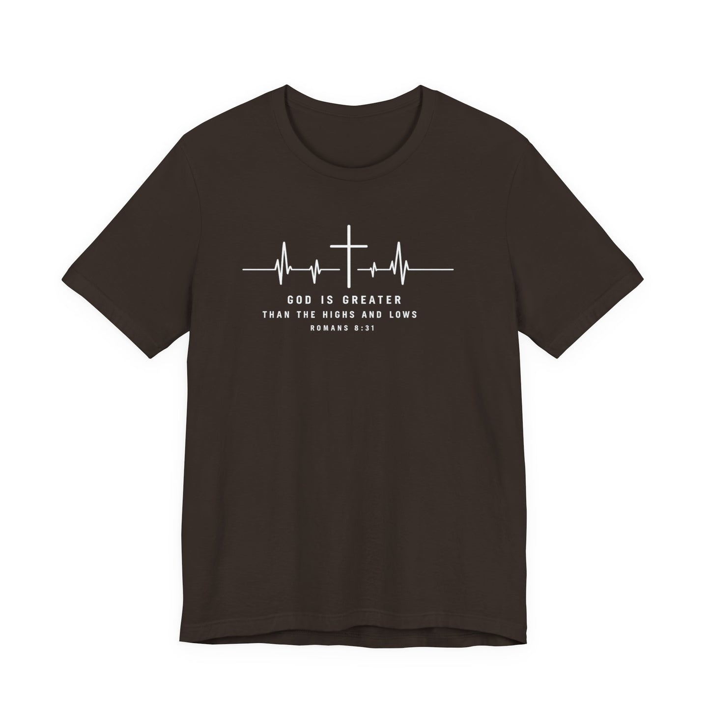 Christian Cross Heartbeat T-Shirt – "God is Greater Than the Highs and Lows" Faith Tee