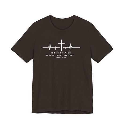 Christian Cross Heartbeat T-Shirt – "God is Greater Than the Highs and Lows" Faith Tee