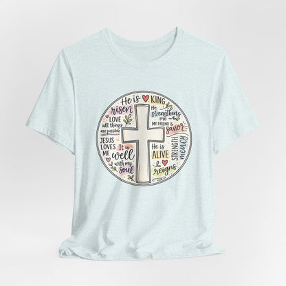 Christian Cross Faith T-Shirt — He Is Risen Inspirational Graphic Tee