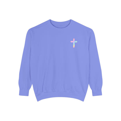 Christian Cross Sweatshirt — Pink Faith Message Garment-Dyed Crewneck
