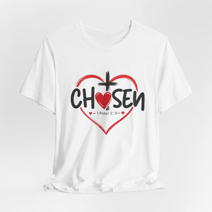 Chosen Heart Christian T-Shirt — "Chosen" with Cross & 1 Peter 2:9 Faith Tee