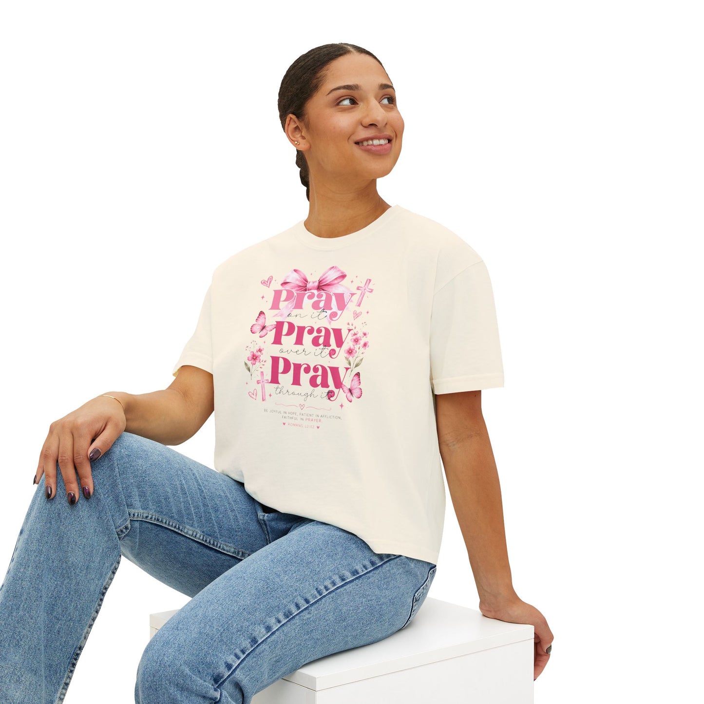 Pray Pray Pray Women's Boxy Tee — Pink Faith Floral Graphic