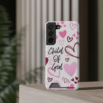 Phone Case — "Child of God" Card Holder Case, Pink Hearts Christian Phone Cover