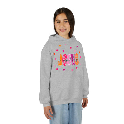 Youth Hoodie — “Jesus” Colorful Polka Dot Christian Pullover