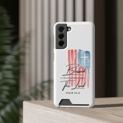 Christian Phone Case with Card Holder — "Blessed The Lord" Psalm 33:12 Patriotic Cross Design