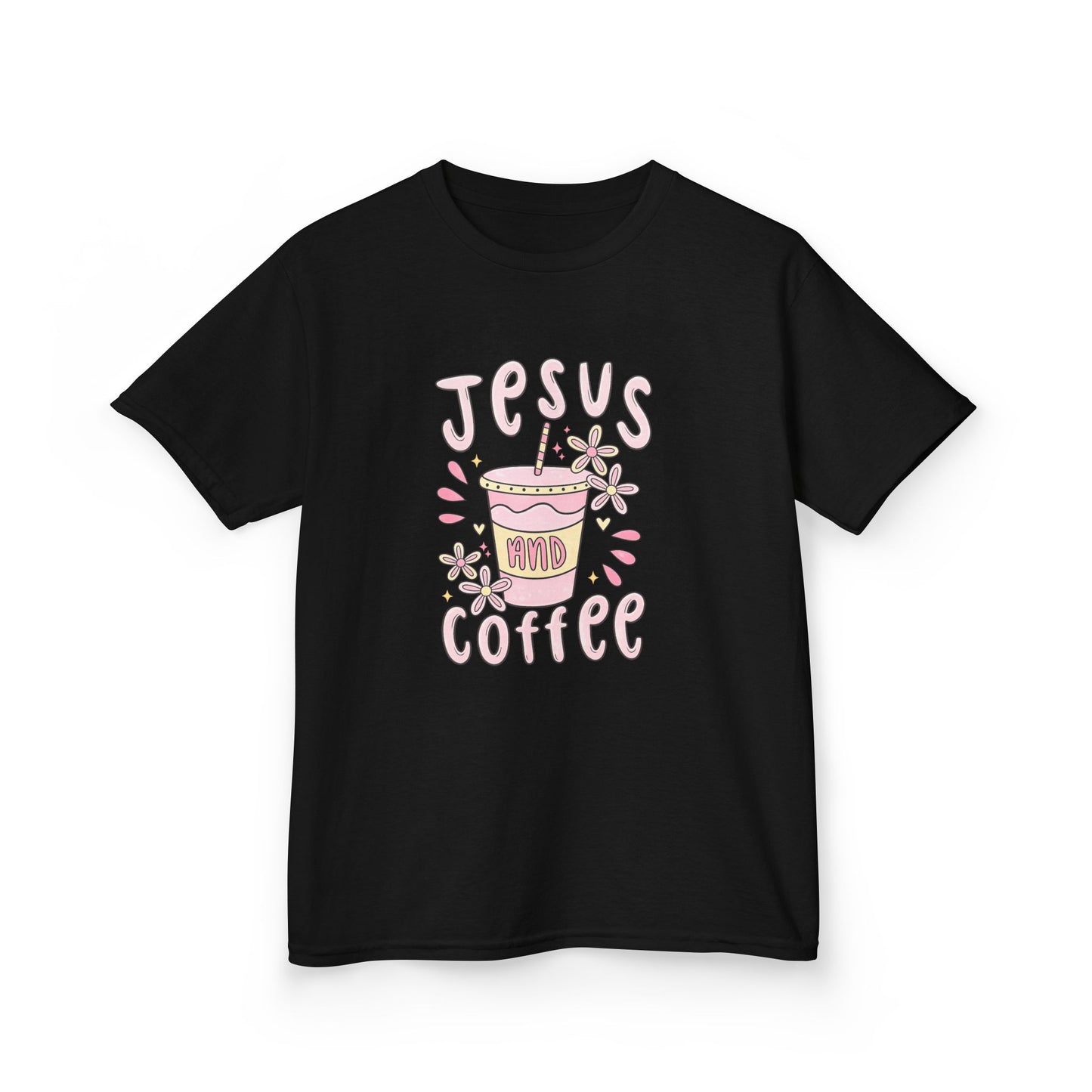 Kids Tee — “Jesus & Coffee” Cute Pastel Faith Graphic