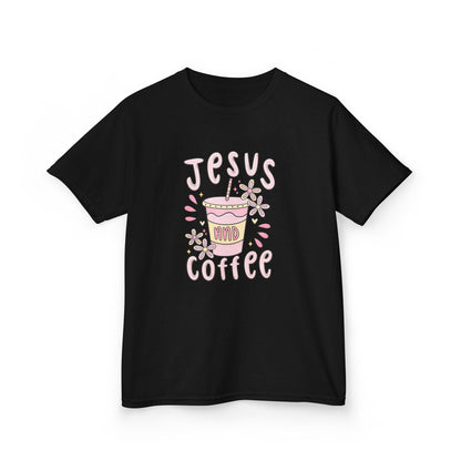 Kids Tee — “Jesus & Coffee” Cute Pastel Faith Graphic