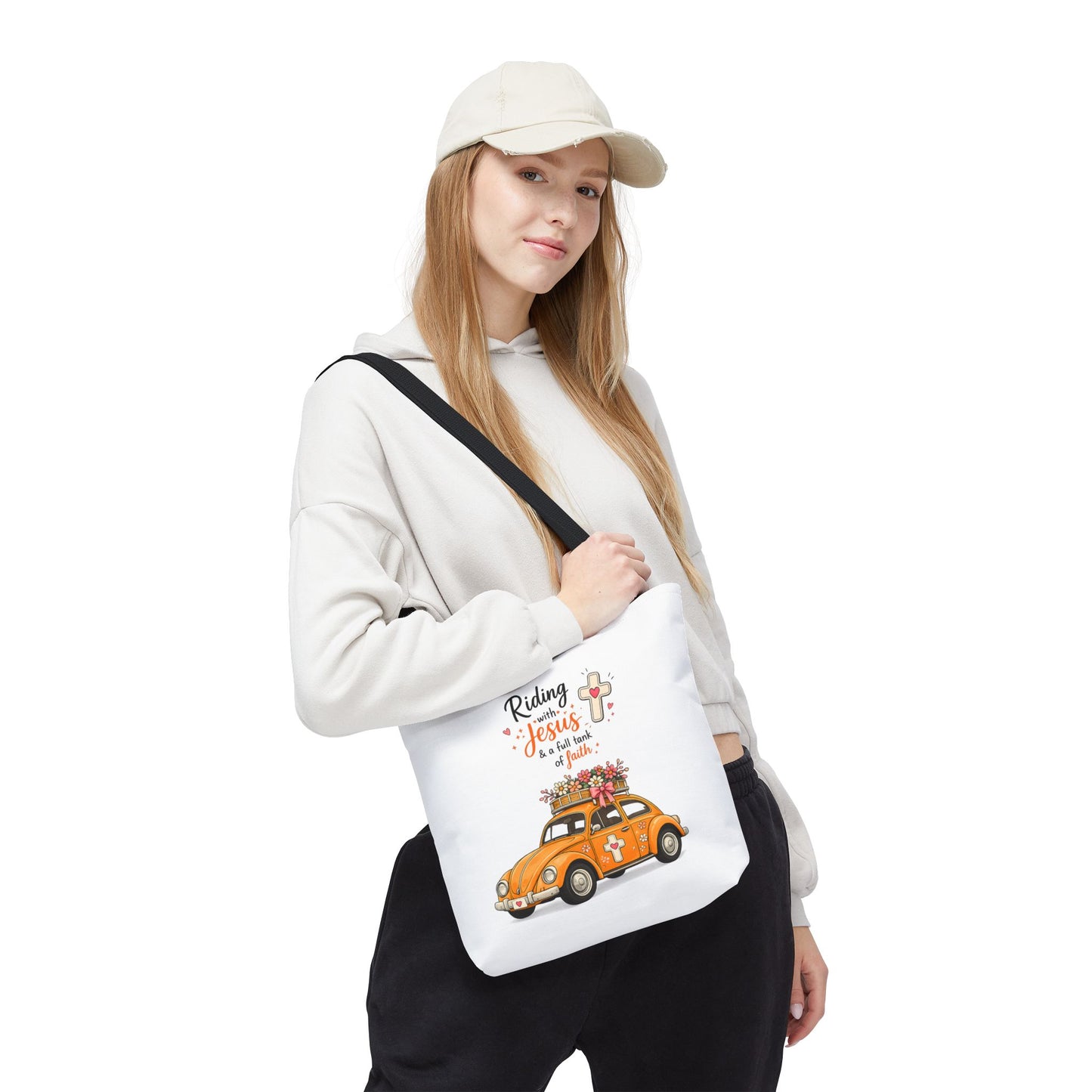 Christian Tote Bag — “Riding with Jesus” Floral Beetle Illustration