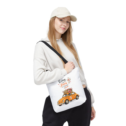 Christian Tote Bag — “Riding with Jesus” Floral Beetle Illustration
