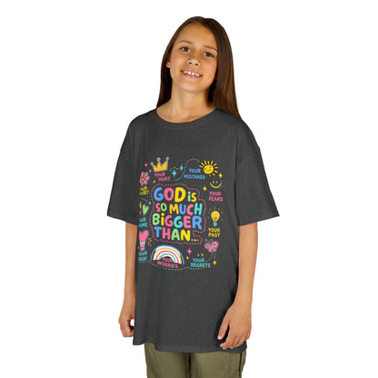 UNISEX Kids Tee — "God Is So Much Bigger Than" Colorful Faith Graphic