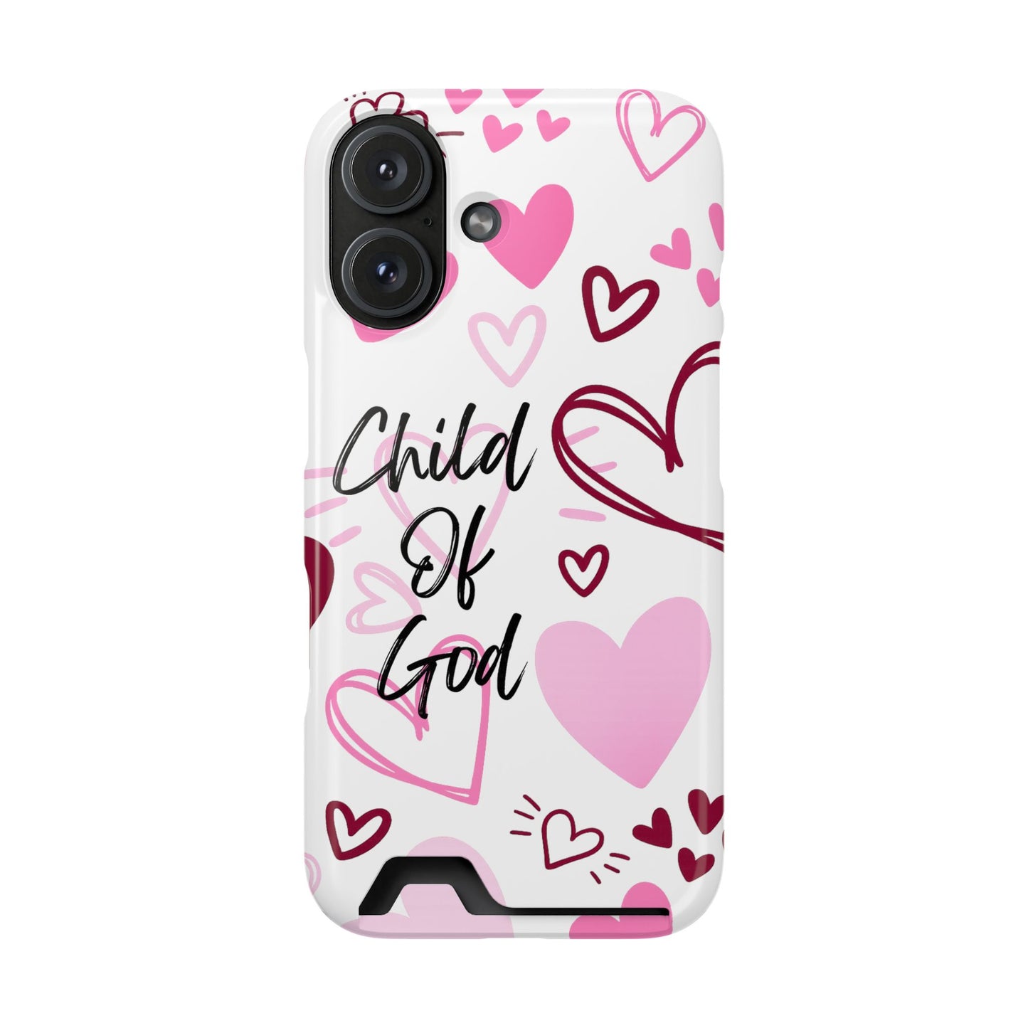 Phone Case — "Child of God" Card Holder Case, Pink Hearts Christian Phone Cover