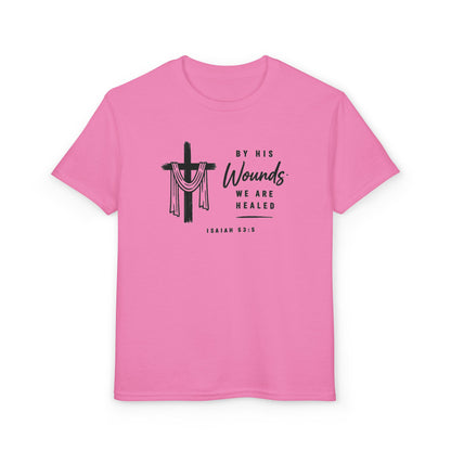 Youth T-Shirt - "By His Wounds We Are Healed" Christian Cross Tee