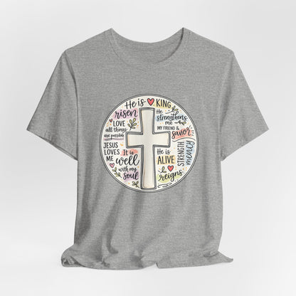 Christian Cross Faith T-Shirt — He Is Risen Inspirational Graphic Tee