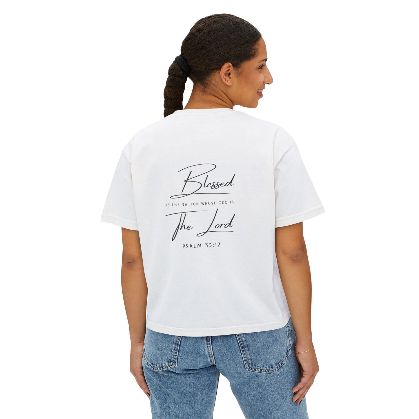Blessed Tee — Women’s Boxy Christian T-Shirt with Flag Cross (Psalm 33:12)