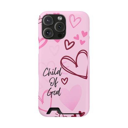 Pink "Child of God" Phone Card Case — Heart Pattern Religious Phone Case with Card Holder