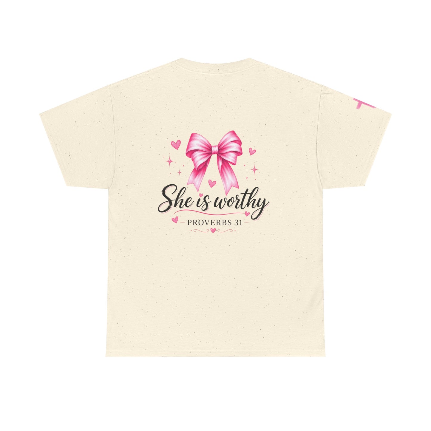 She Is Worthy T-Shirt — "I Know Jesus Loves Me" Pink Bow Christian Tee (Proverbs 31)