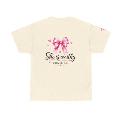She Is Worthy T-Shirt — "I Know Jesus Loves Me" Pink Bow Christian Tee (Proverbs 31)