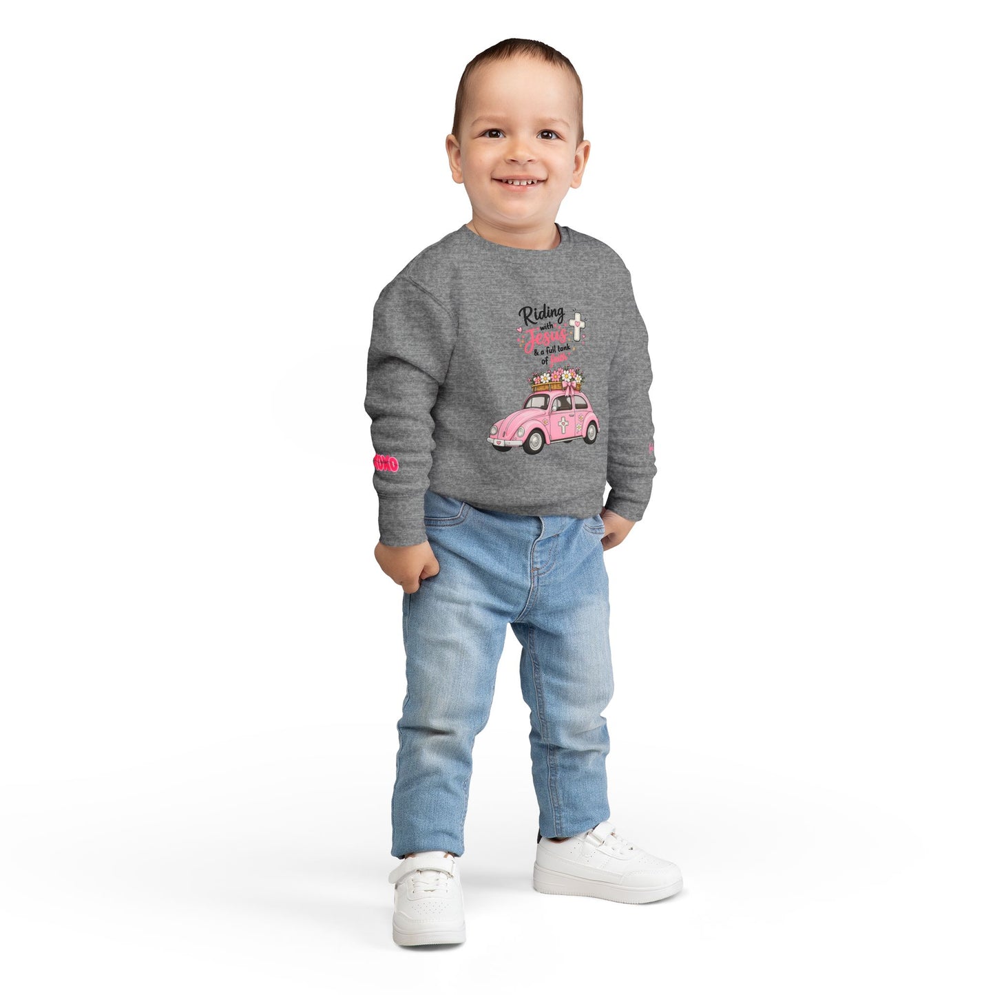 Toddler Sweatshirt - "Riding with Jesus" Pink Beetle Faith Kids Pullover