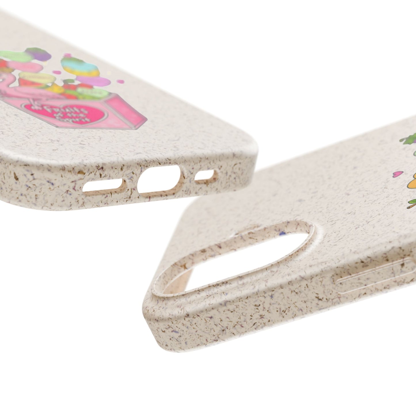 Biodegradable Phone Case — Cute Flamingo & Fruit Hearts "Fruity Love" Eco-Friendly iPhone Cover