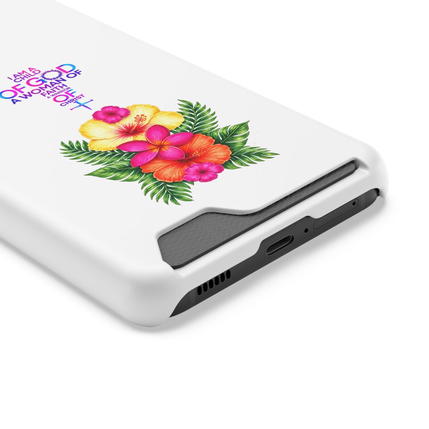 Phone Case with Card Holder — Floral Cross Design: "I Am a Child of God, A Woman of Faith"