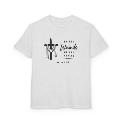Youth T-Shirt - "By His Wounds We Are Healed" Christian Cross Tee
