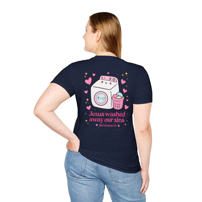 Christian T-Shirt – “Jesus Washed Away Our Sins” Cute Washing Machine Design