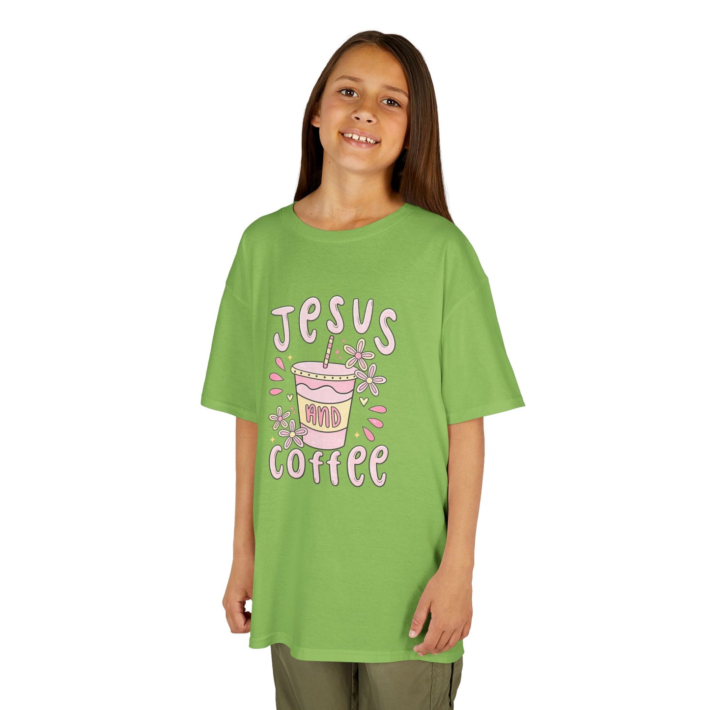 Kids Tee — “Jesus & Coffee” Cute Pastel Faith Graphic