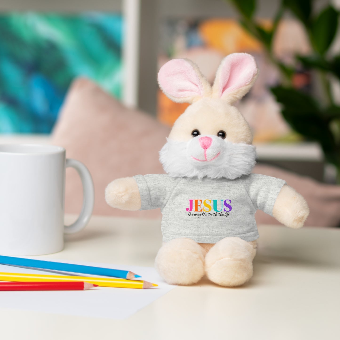 Jesus Rainbow Tee Teddy Bear - Plush Stuffed Animal with Faith Shirt