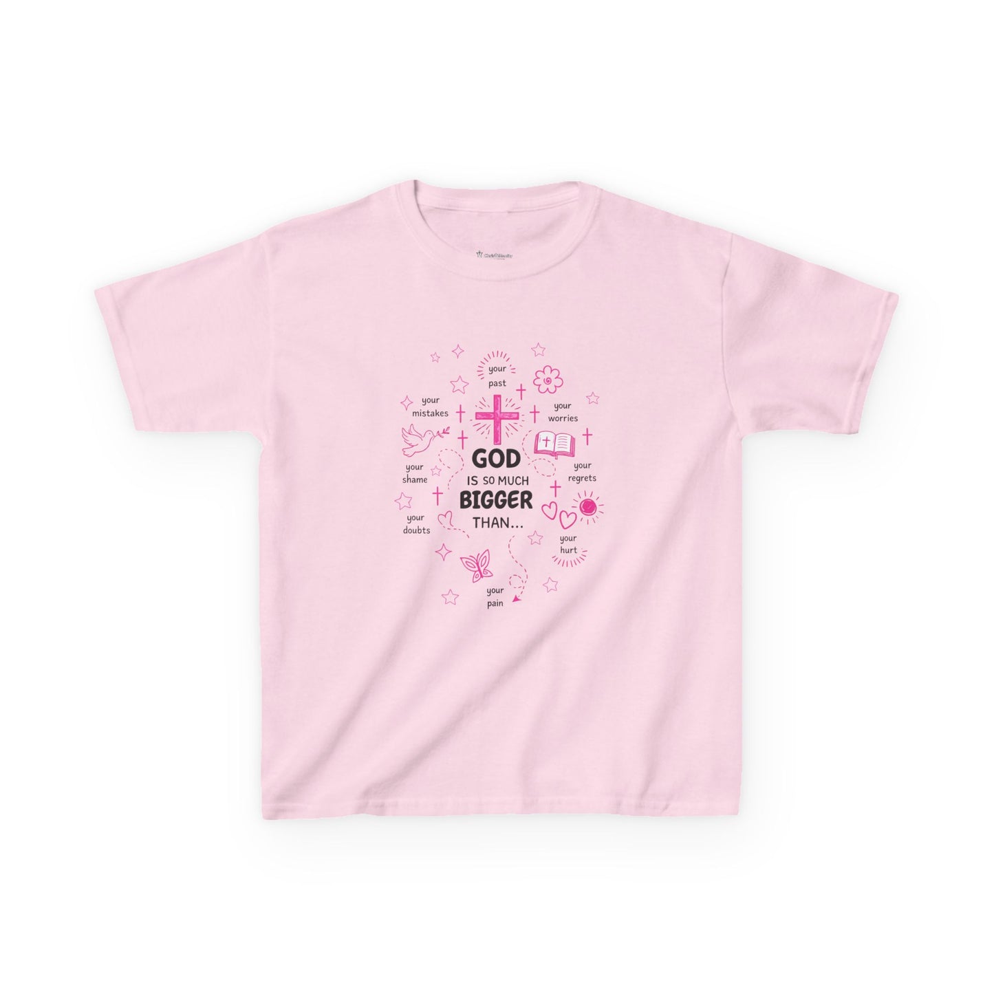 Kids T-Shirt — "God Is Bigger Than" Pink Faith Graphic Tee