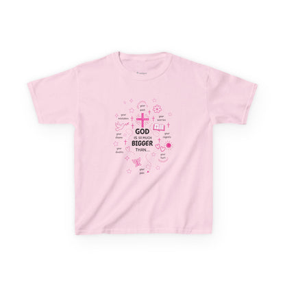 Kids T-Shirt — "God Is Bigger Than" Pink Faith Graphic Tee