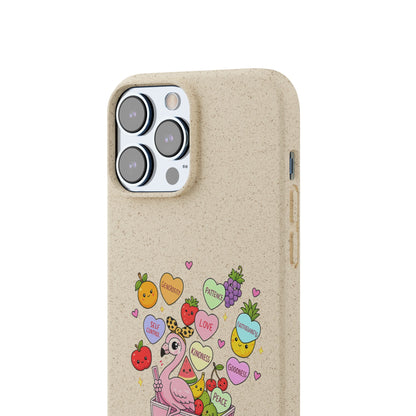 Biodegradable Phone Case — Cute Flamingo & Fruit Hearts "Fruity Love" Eco-Friendly iPhone Cover