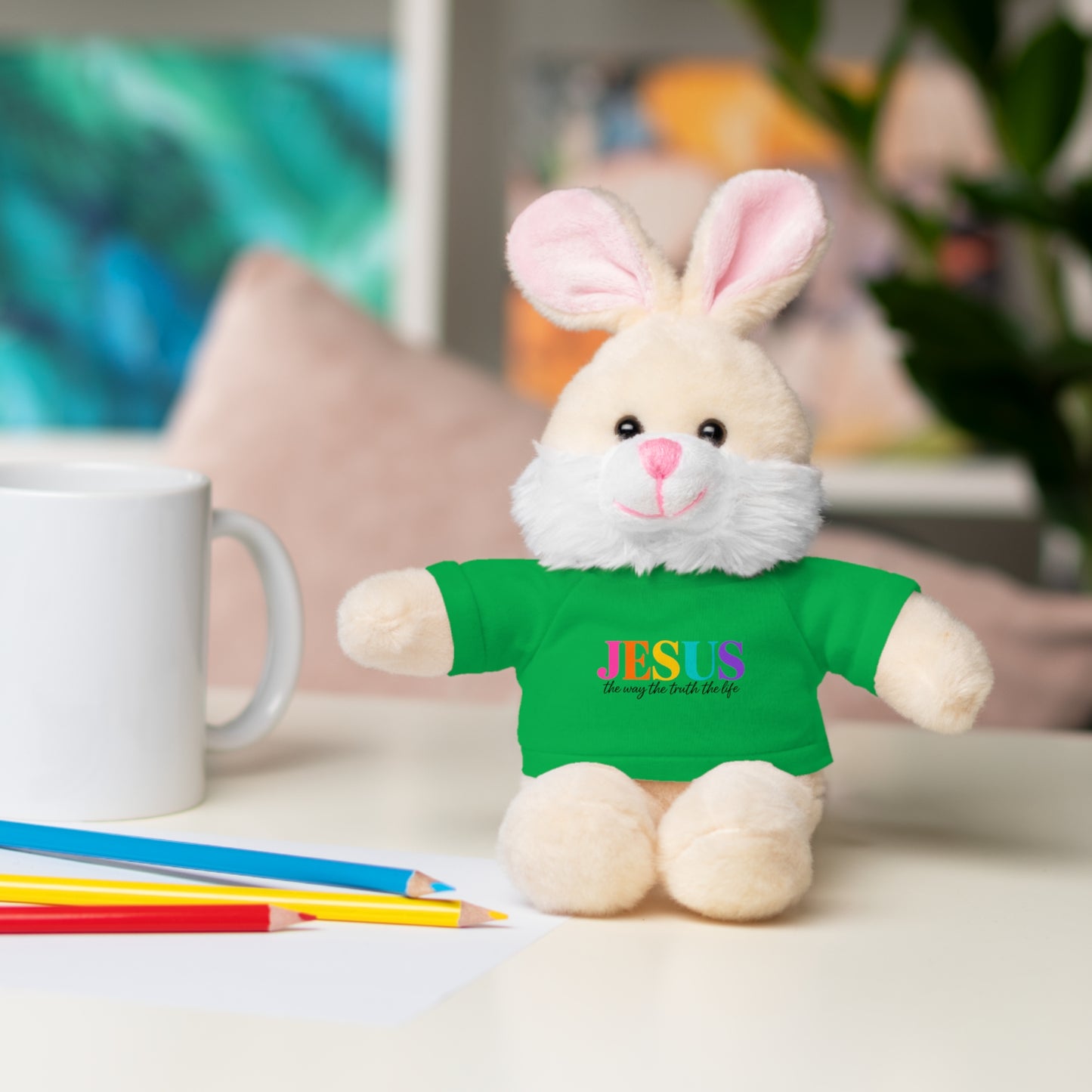 Jesus Rainbow Tee Teddy Bear - Plush Stuffed Animal with Faith Shirt