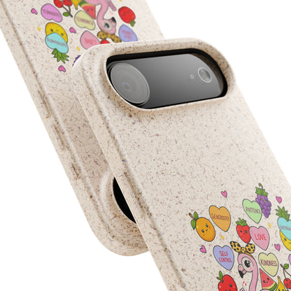 Biodegradable Phone Case — Cute Flamingo & Fruit Hearts "Fruity Love" Eco-Friendly iPhone Cover