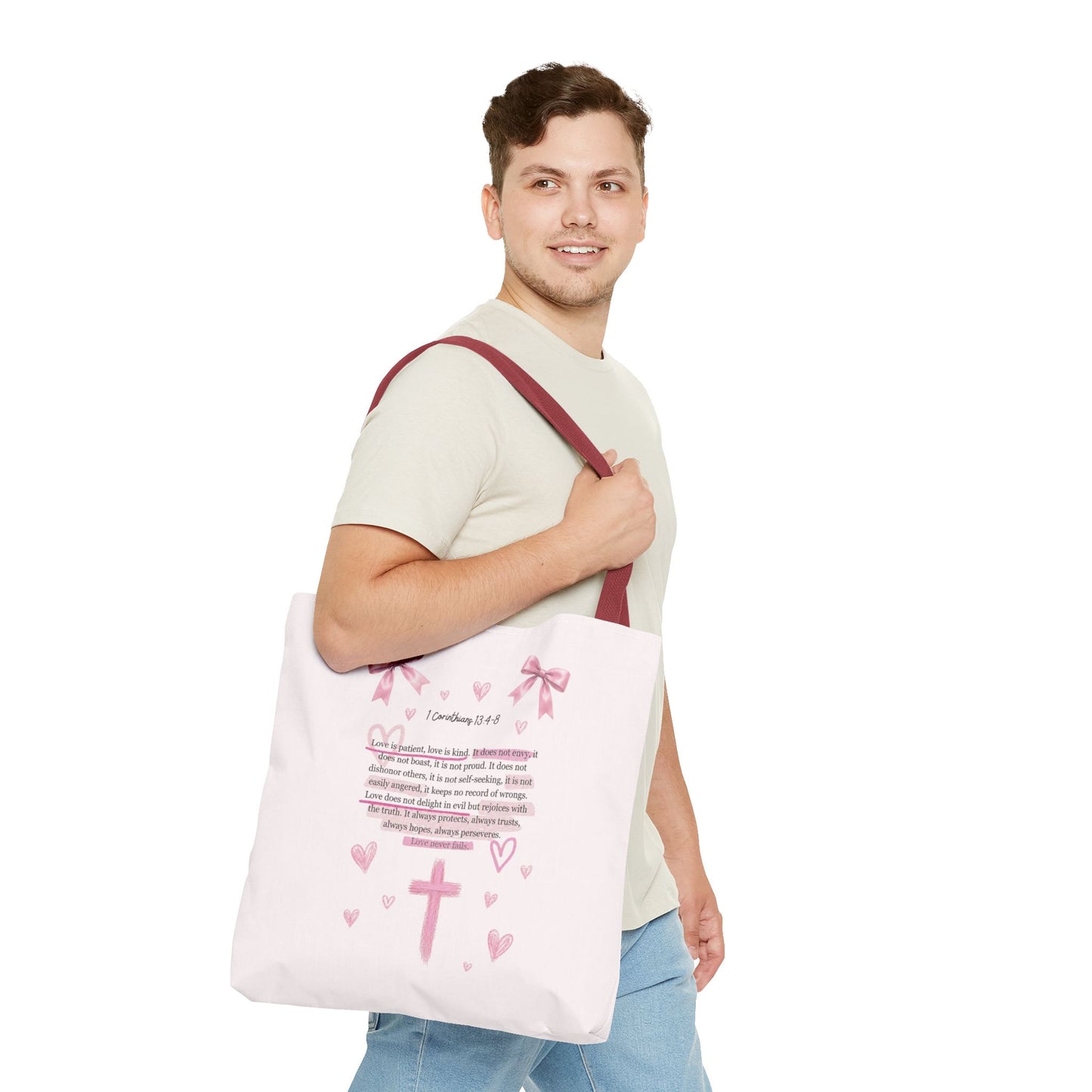 Pink Faith Tote Bag — Inspirational Cross & Rainbow AOP Tote