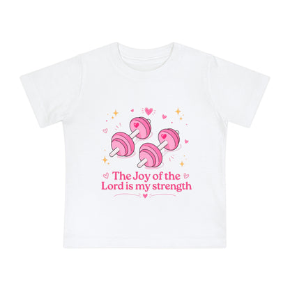 Baby Tee — "The Joy of the Lord is My Strength" Pink Dumbbell Christian Infant Shirt