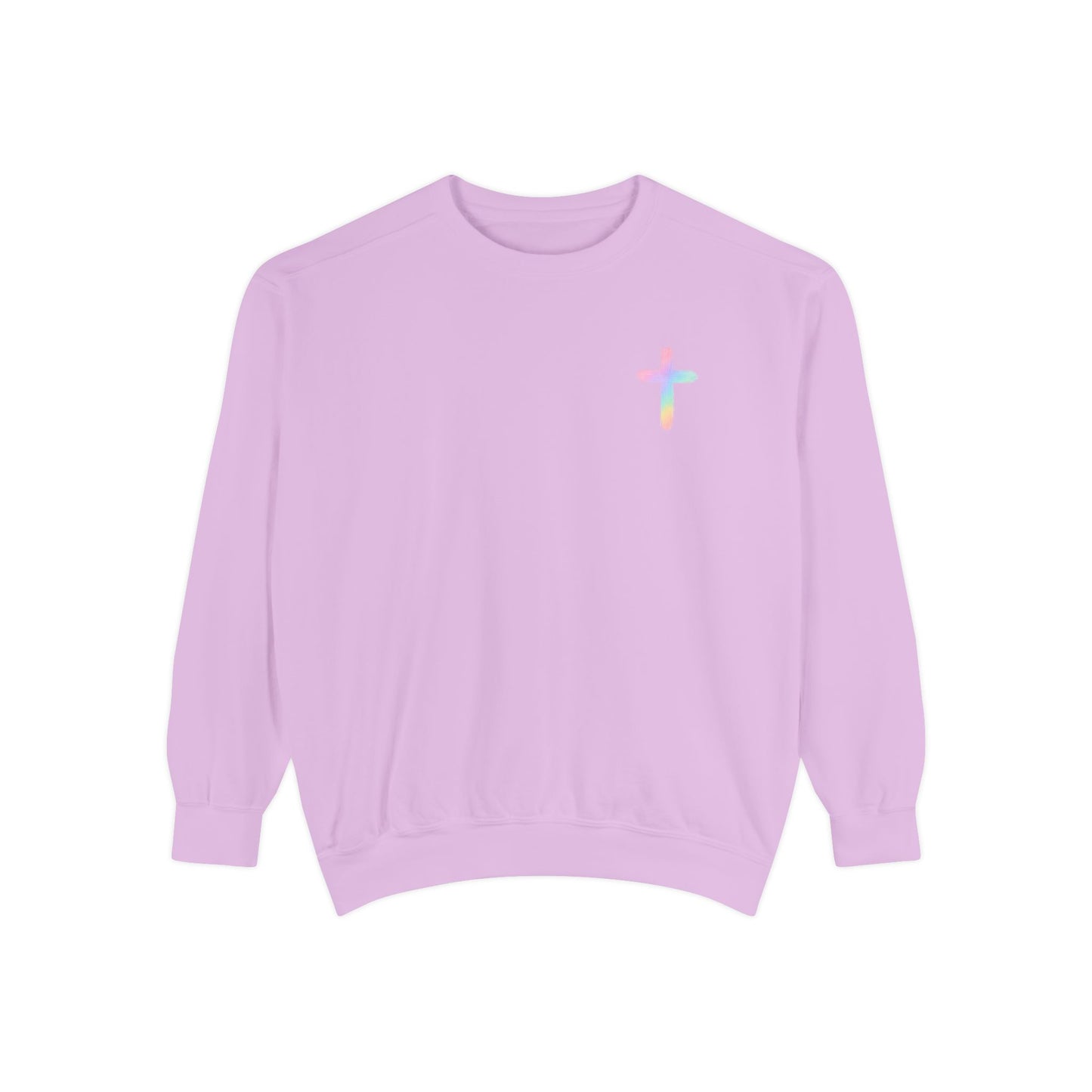 Christian Cross Sweatshirt — Pink Faith Message Garment-Dyed Crewneck