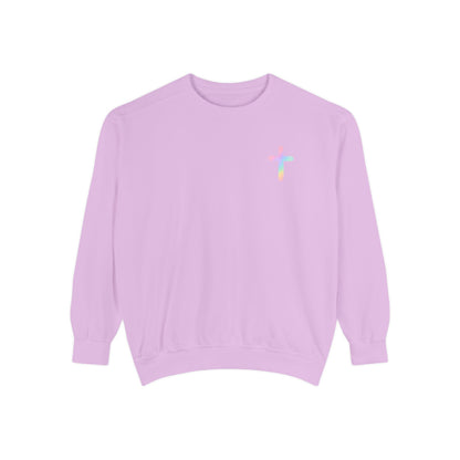 Christian Cross Sweatshirt — Pink Faith Message Garment-Dyed Crewneck