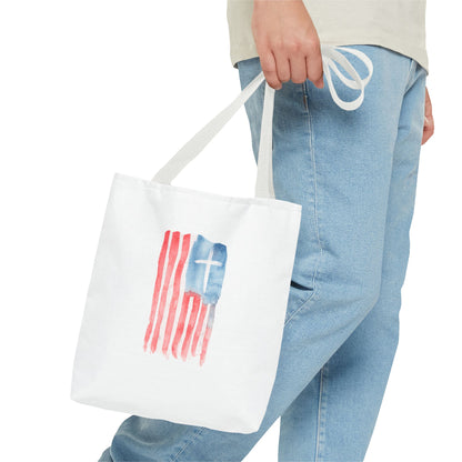 Patriotic Faith Tote Bag — Watercolor Flag with Cross & "Blessed By the Lord" Scripture