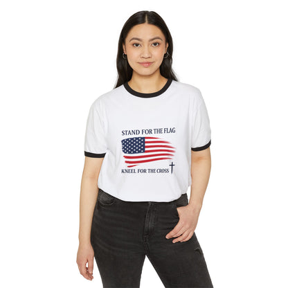 Stand for the Flag, Kneel for the Cross Ringer T-Shirt — America 250 Patriotic Tee