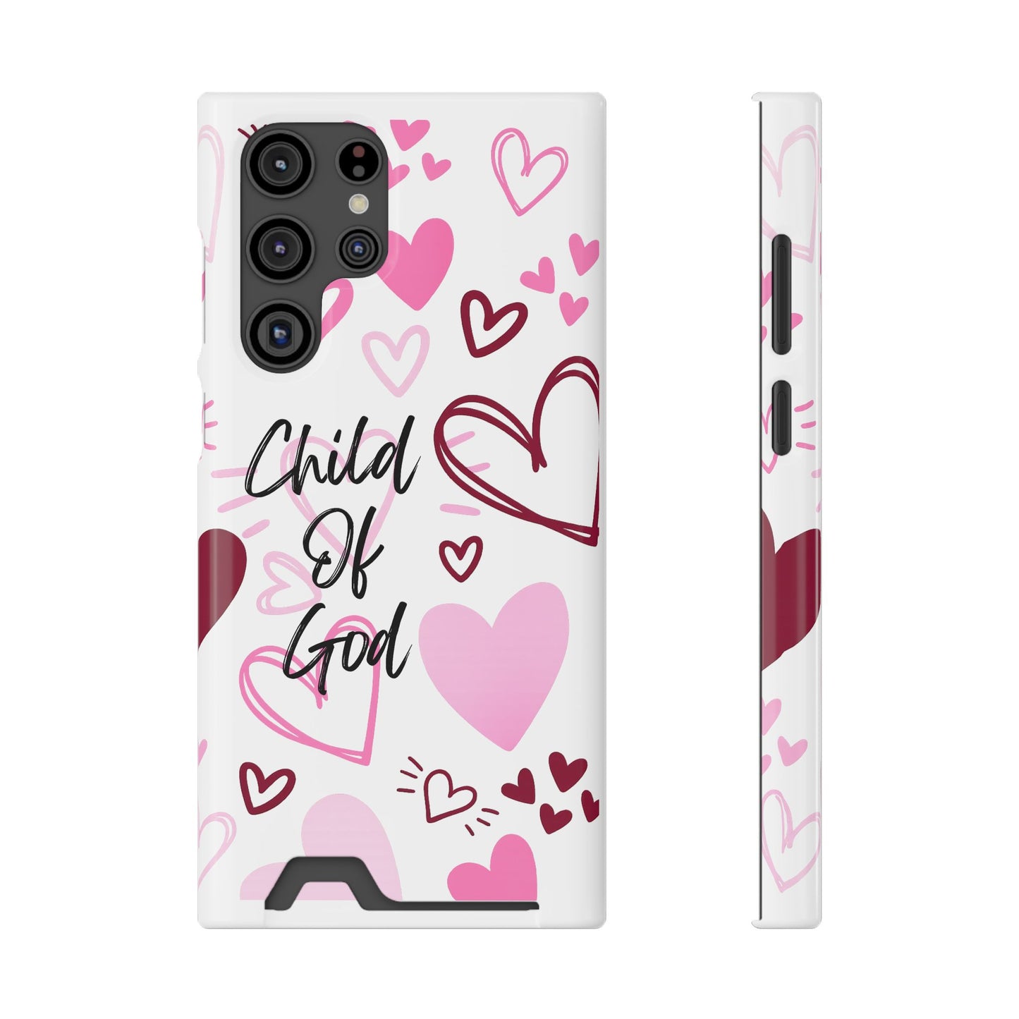 Phone Case — "Child of God" Card Holder Case, Pink Hearts Christian Phone Cover