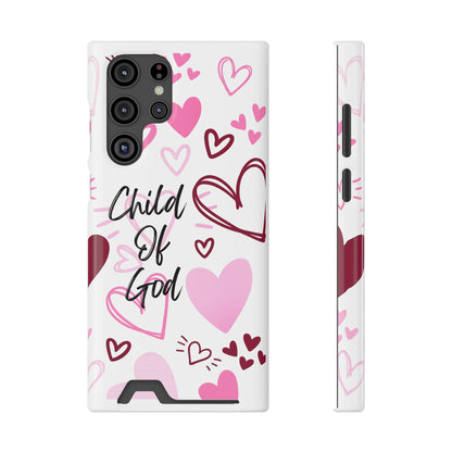 Phone Case — "Child of God" Card Holder Case, Pink Hearts Christian Phone Cover