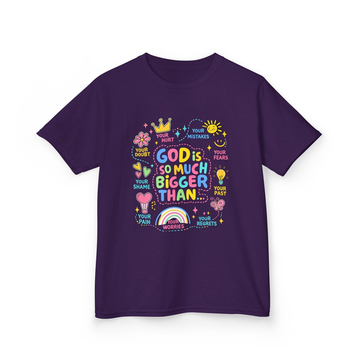UNISEX Kids Tee — "God Is So Much Bigger Than" Colorful Faith Graphic