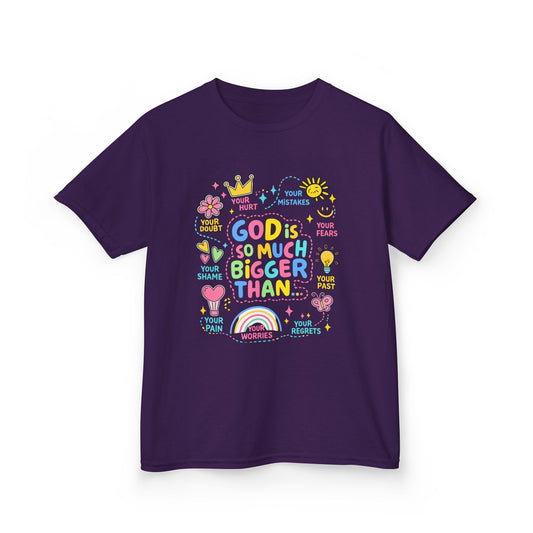 UNISEX Kids Tee — "God Is So Much Bigger Than" Colorful Faith Graphic