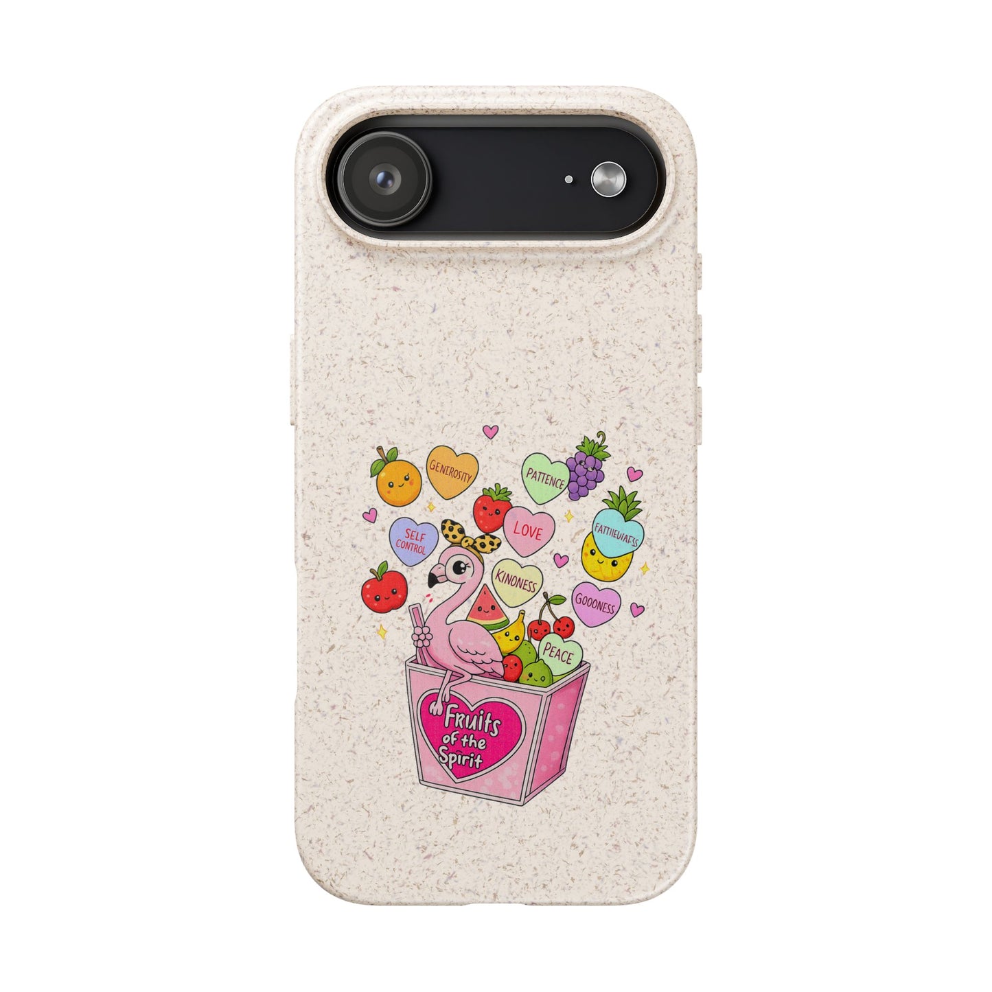 Biodegradable Phone Case — Cute Flamingo & Fruit Hearts "Fruity Love" Eco-Friendly iPhone Cover