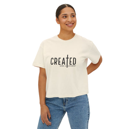 Created With a Purpose Women's Boxy Tee — Patriotic Sunflower Back Graphic