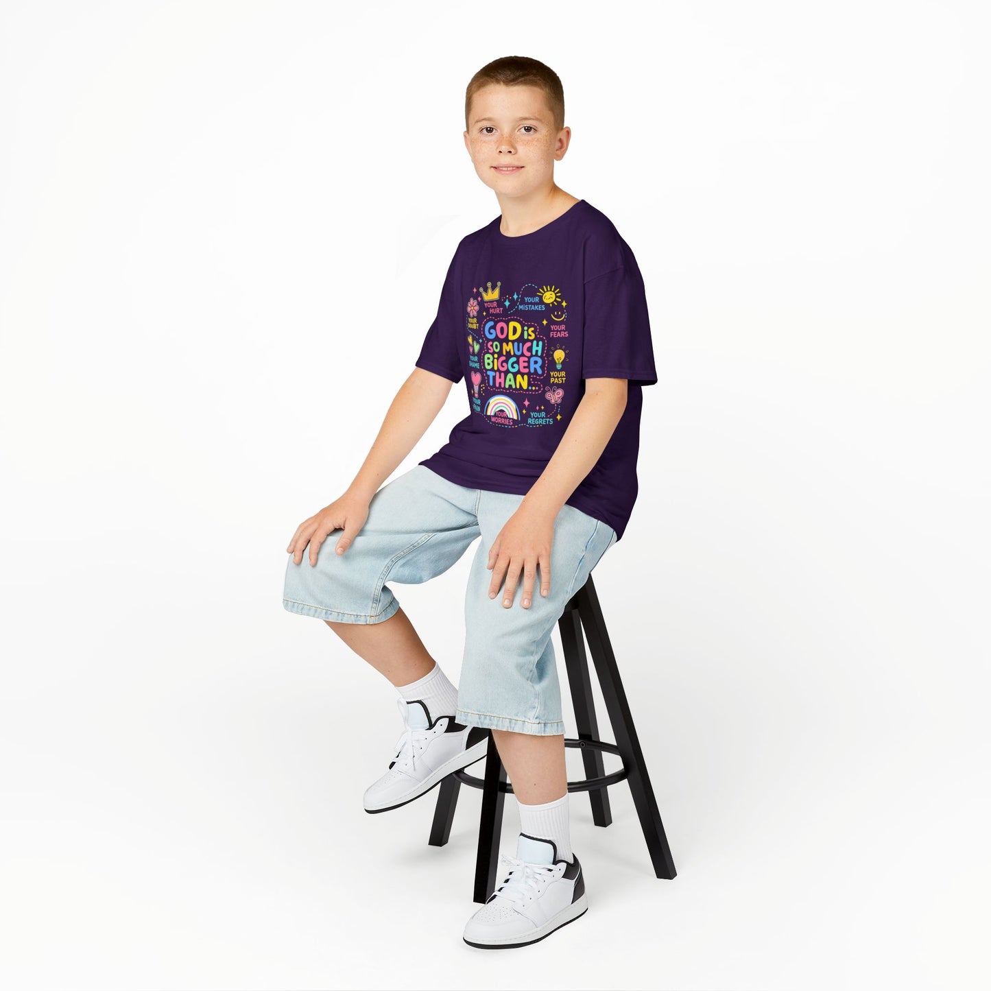 UNISEX Kids Tee — "God Is So Much Bigger Than" Colorful Faith Graphic